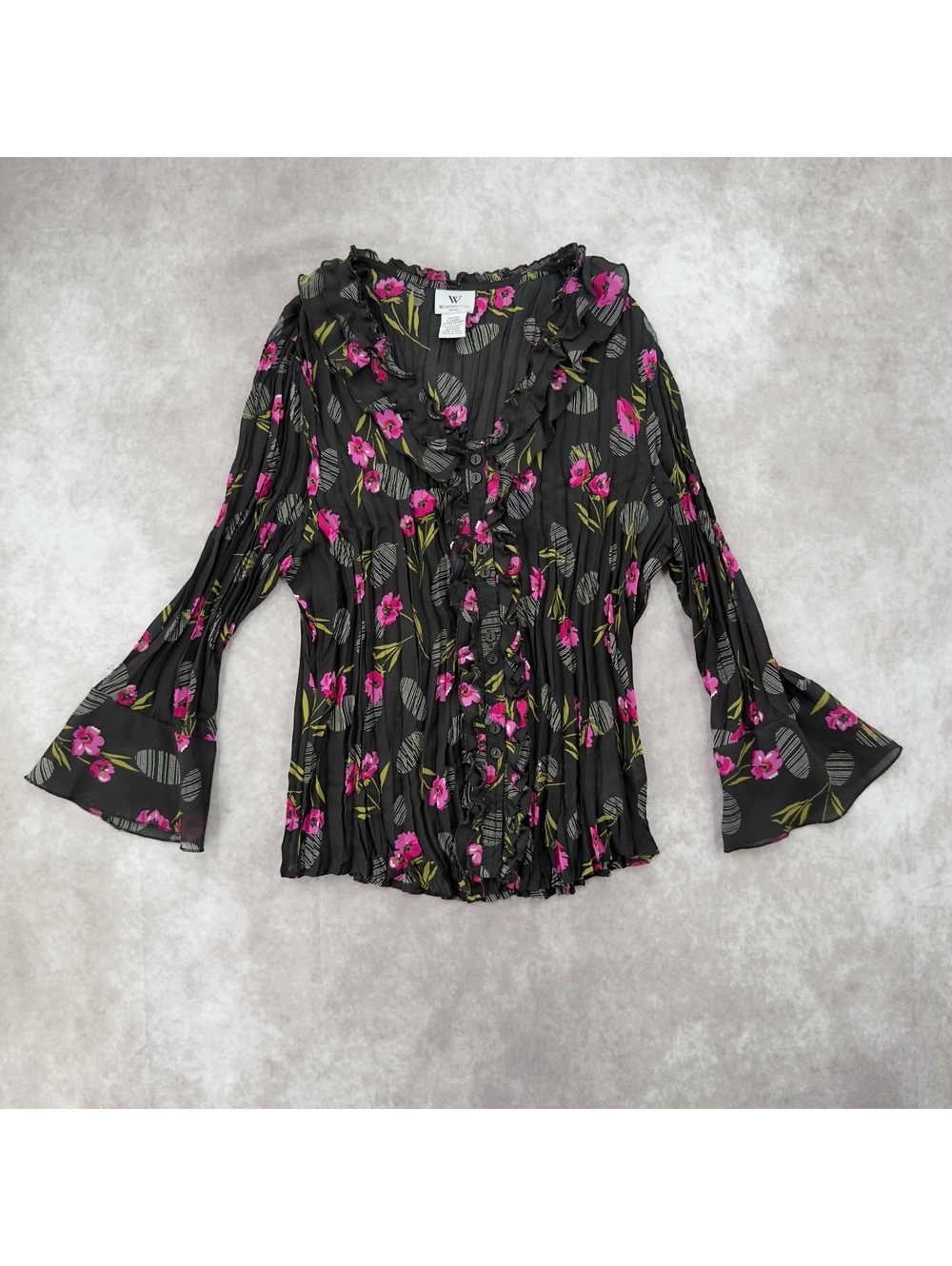 Worthington Vintage Y2K Floral Pleated Ruffle Bell Sleeve Blouse Petite XL
